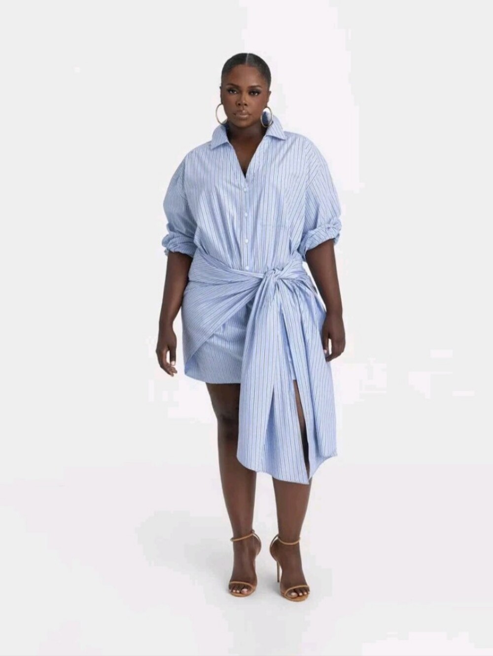 KBB by KAHLANA NWT 3X Light Blue Striped Tie Waist Long Sleeve Shirtdress